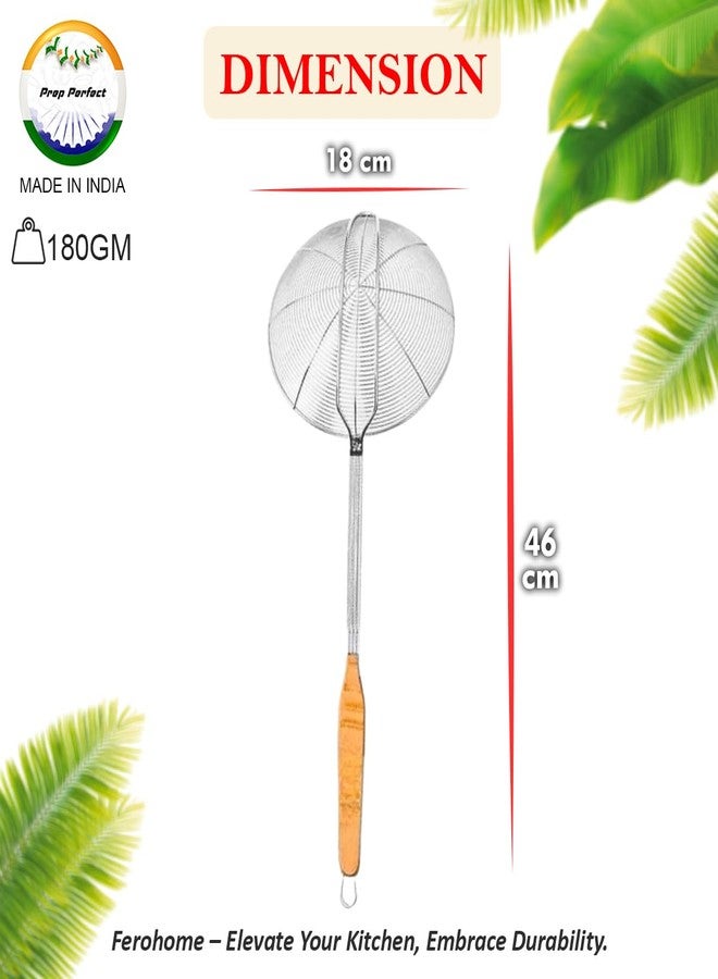 Ferohome Stainless Steel Frying Strainer with Wooden Handle Fine Mesh Skimmer for Deep Frying, Draining Oil for Pakoras Samosas Comes with Built-in Hanging Hole (Wooden Handle, 18 cm) - Image 2